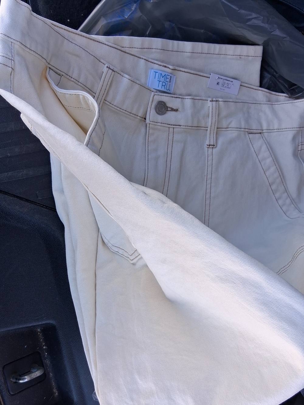 Time and Tru Cream High-Rise Jeans with Brown Topstitching